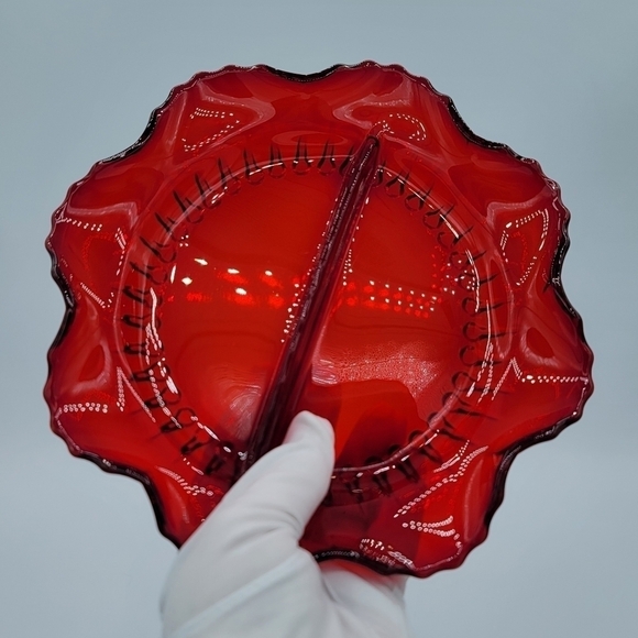 Vintage Red Glass Scalloped Wavy Divided Dish #1389 - Picture 7 of 15